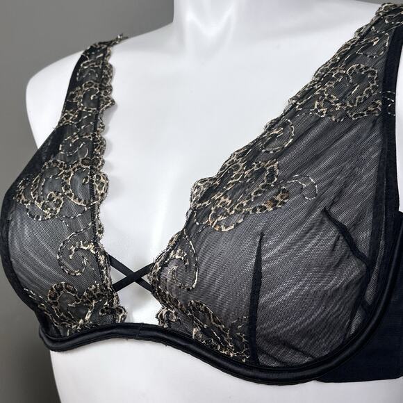 Cacique Plunge Bra Size 40C Black Sheer Mesh U Underwire Animal Print Sexy - Picture 2 of 10